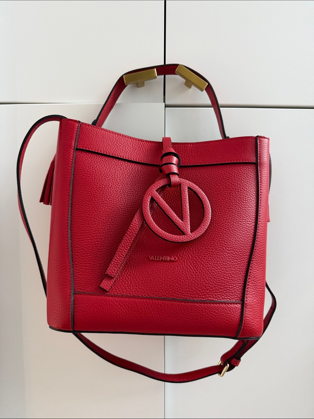 Valentino Red Leather Shoulder Bag with V Charm